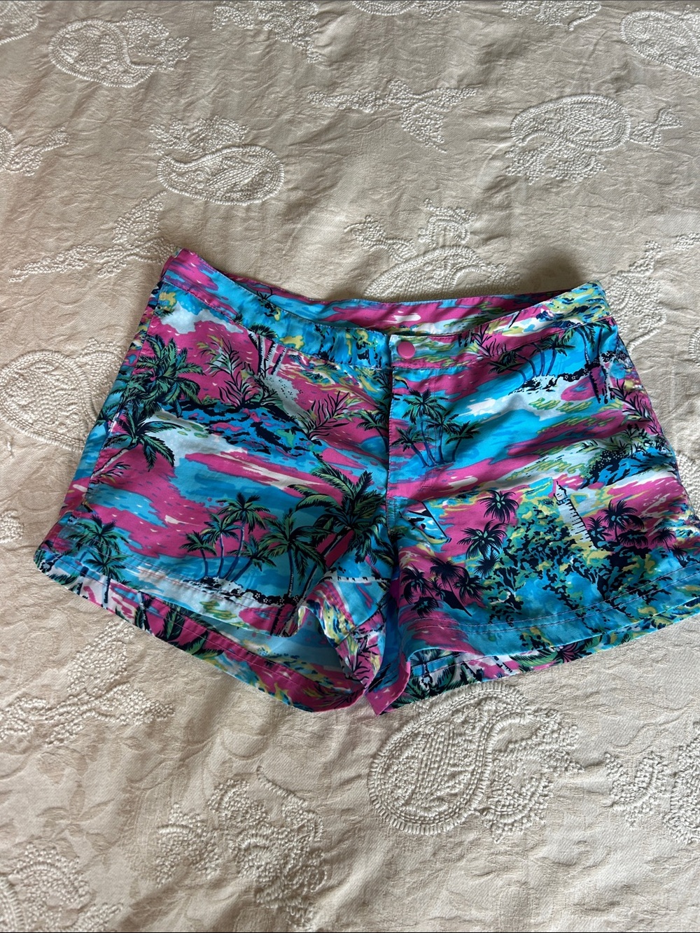 725 Originals  Retro Tropical Sunset Print Front-Zip Shorts Size Small
